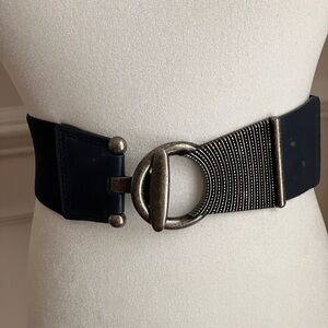 Stylish Navy Blue Wide Stretch Belt with Silver Buckle